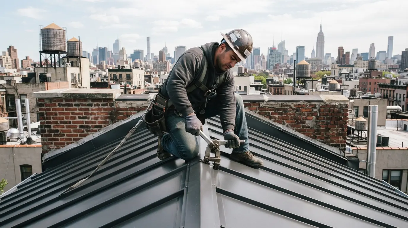 Standing seam panel locked on a pitched roof