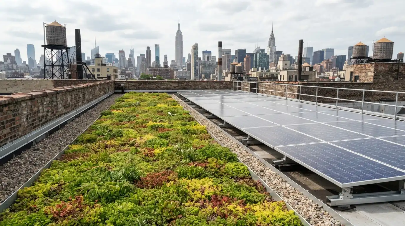Green roof beside solar panels on a flat roof