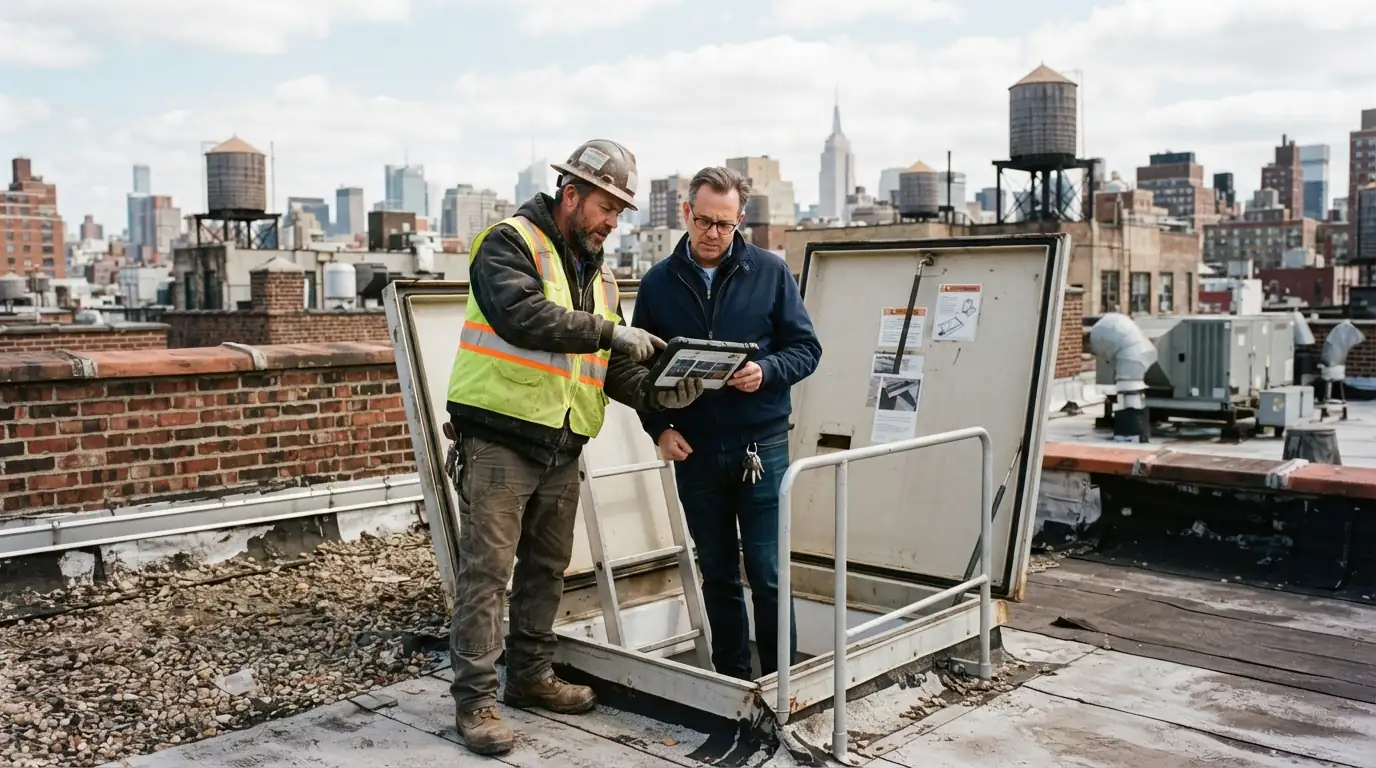 Roofer explaining a roof problem to an owner