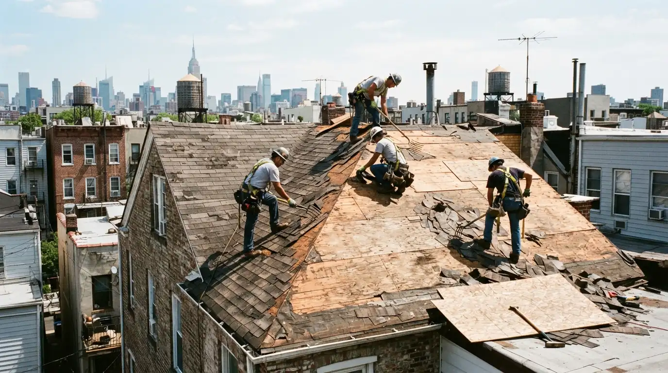 Old shingles torn off down to the roof deck
