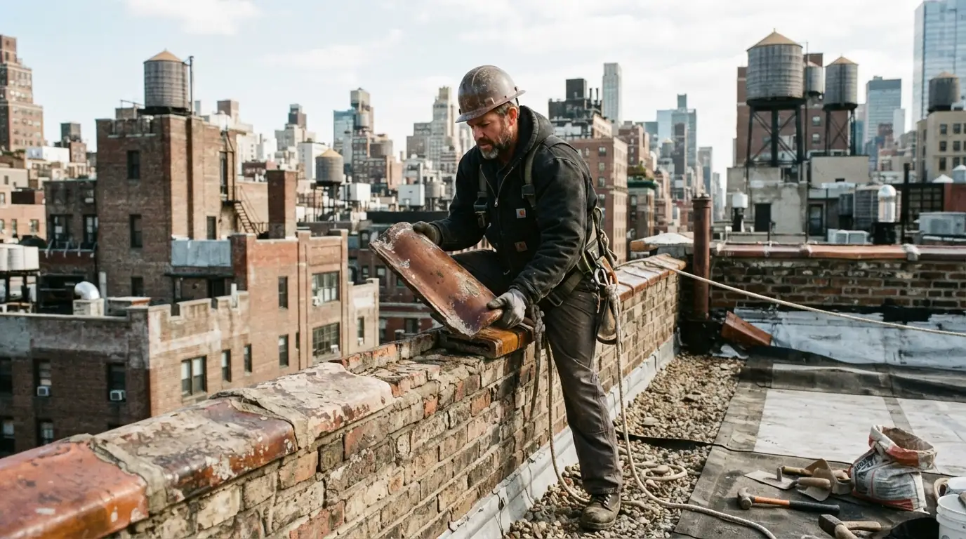 Cracked clay tile coping lifted off a parapet