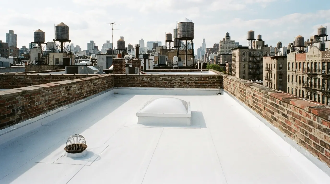New white TPO roof on a walk-up building
