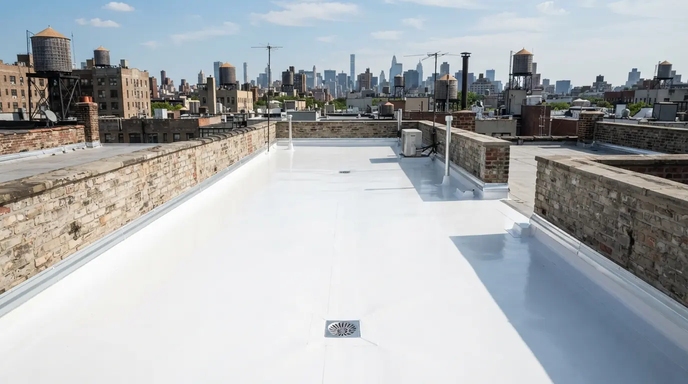 New white flat roof on a rowhouse