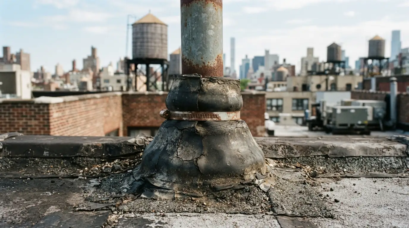 Cracked rubber boot around a roof vent pipe