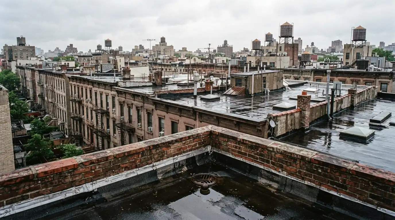 Flat rowhouse roofs with brick parapets and skylights in New York