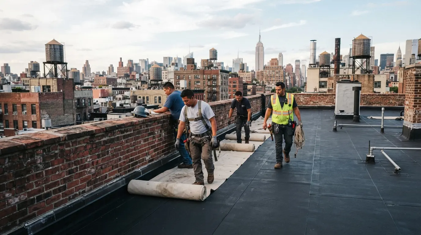 Crew finishing a flat roof job