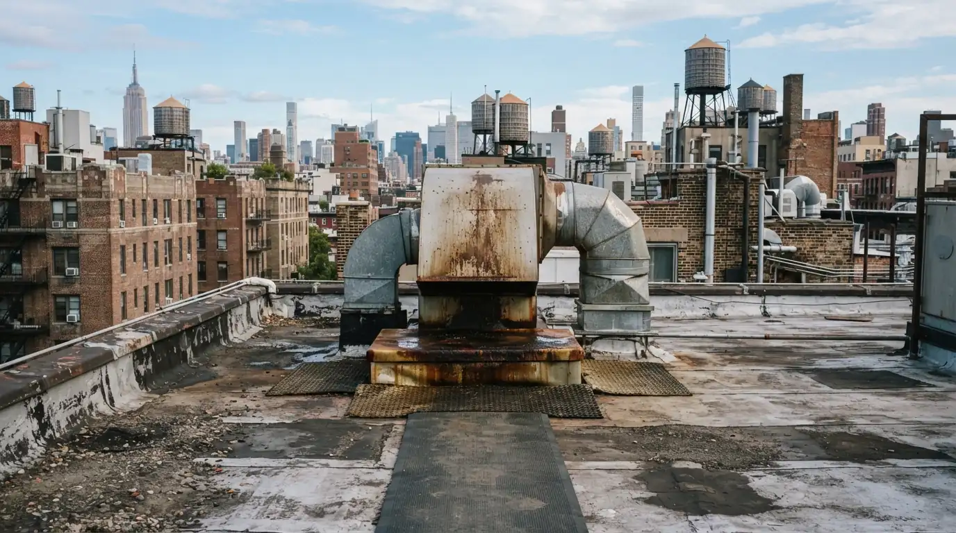 Kitchen exhaust fan with grease pad on a roof