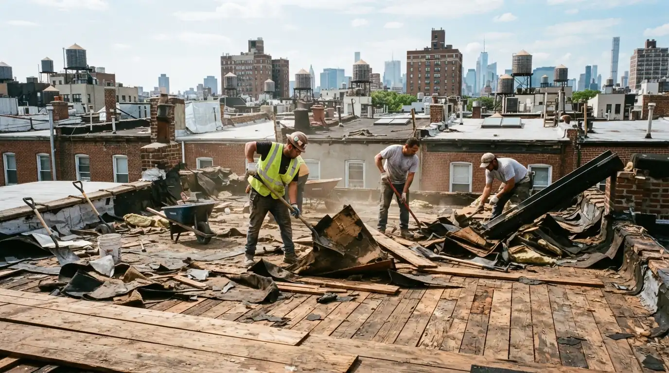 Old flat roof layers torn off down to the deck