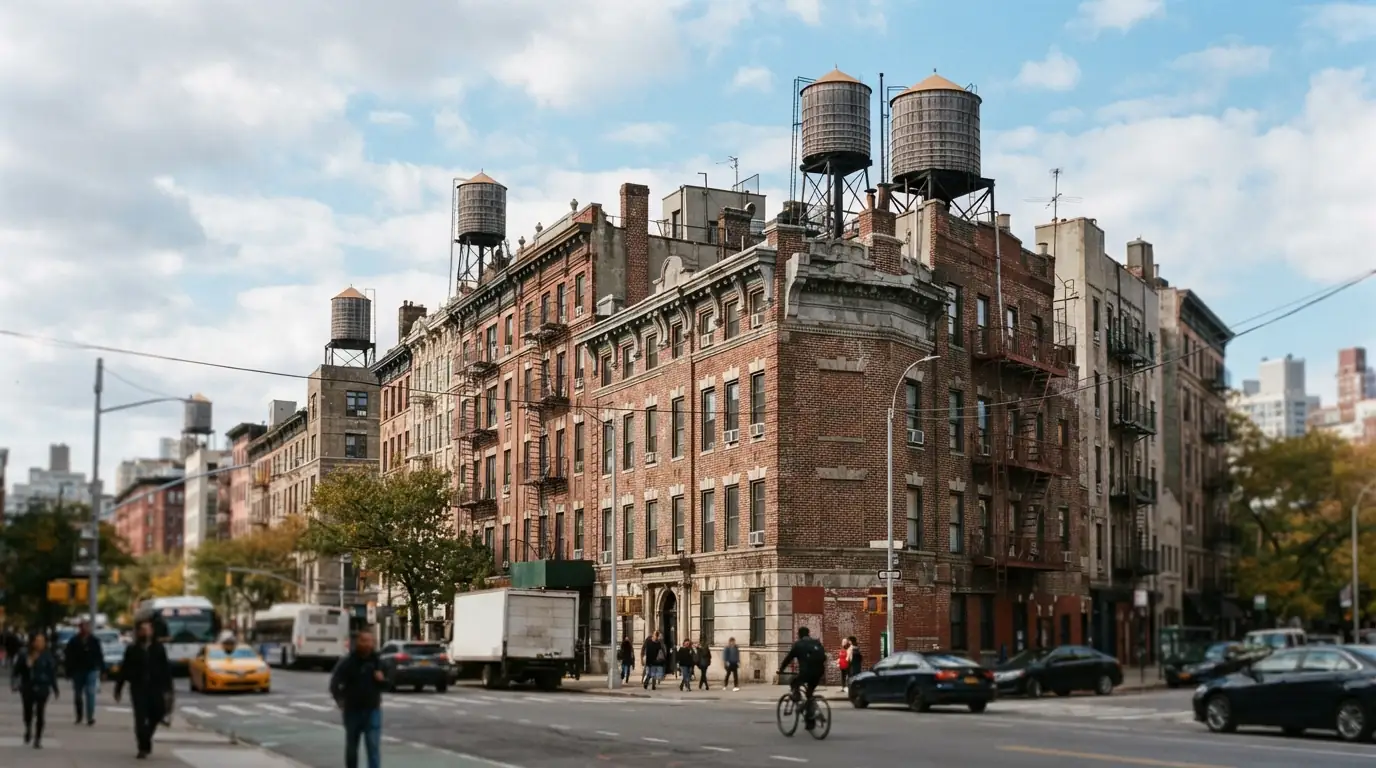 Street-facing parapets along a row of brick buildings