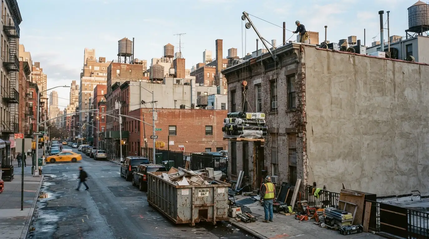 Dumpster and hoist on a Manhattan side street