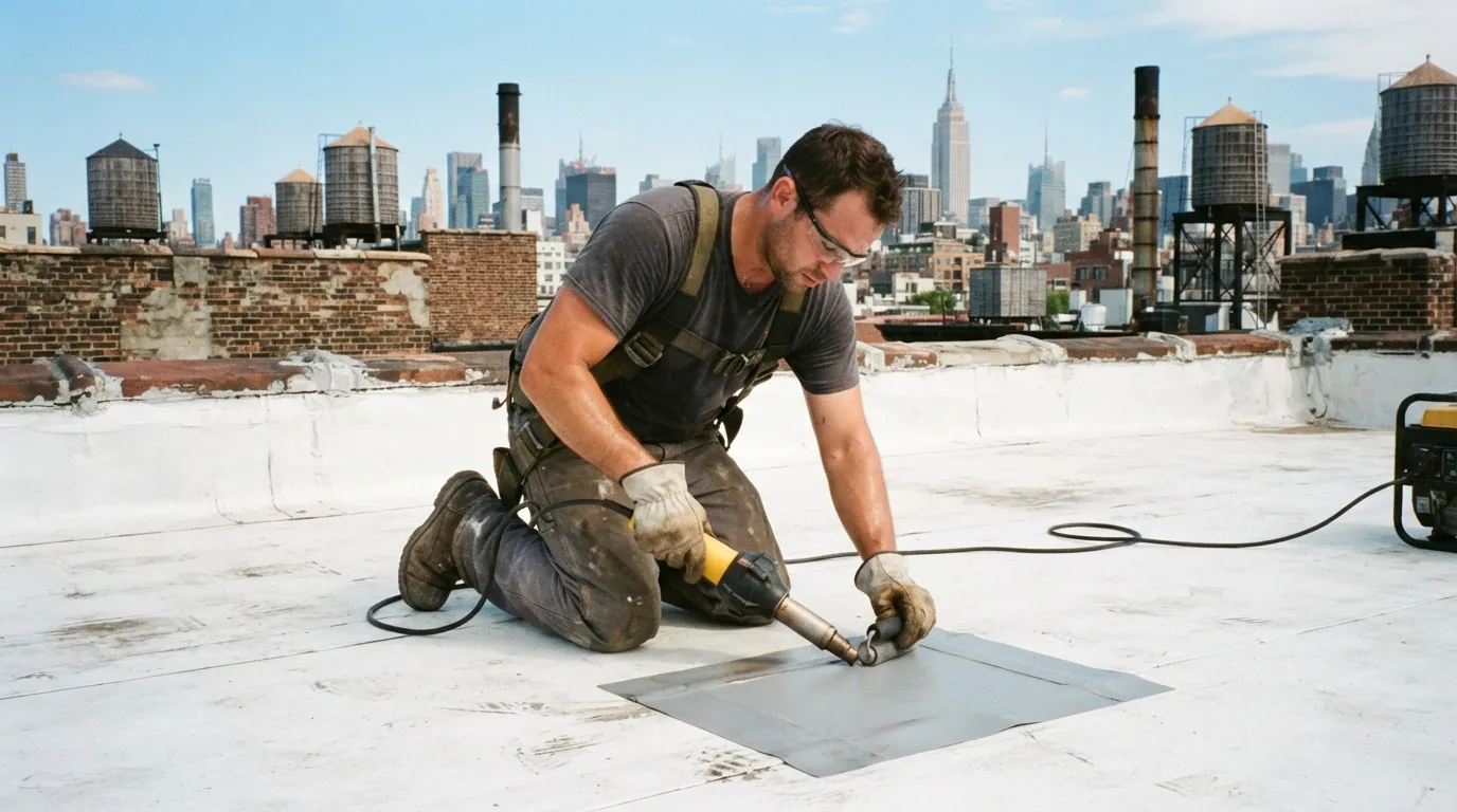 Heat-welded patch on a white TPO roof