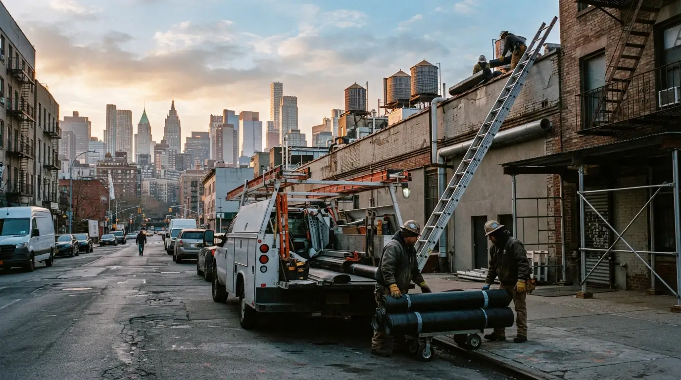 Roofing crew and service truck on a city side street