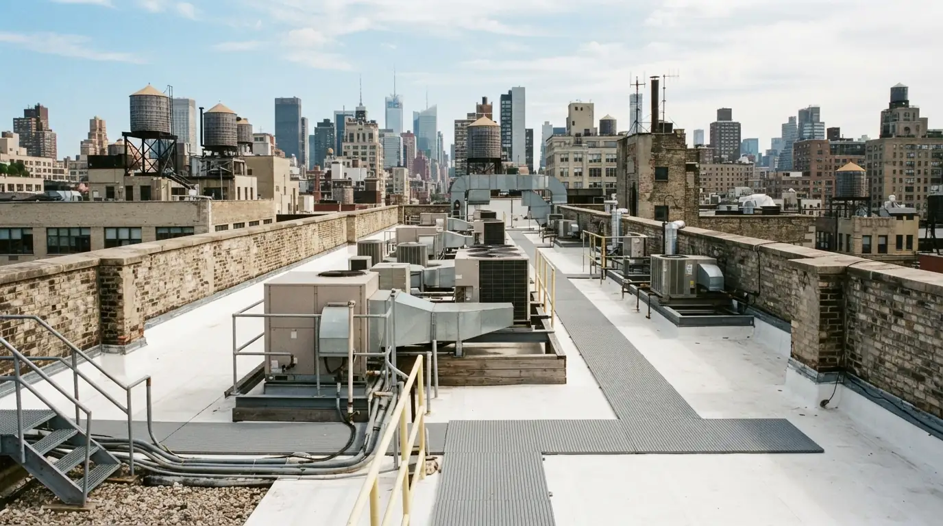 TPO roof with equipment curbs and walkway pads
