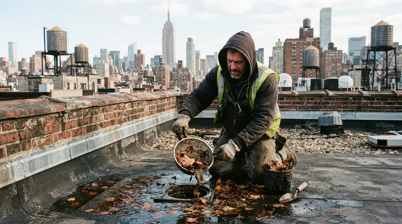 Clearing a roof drain during a maintenance visit