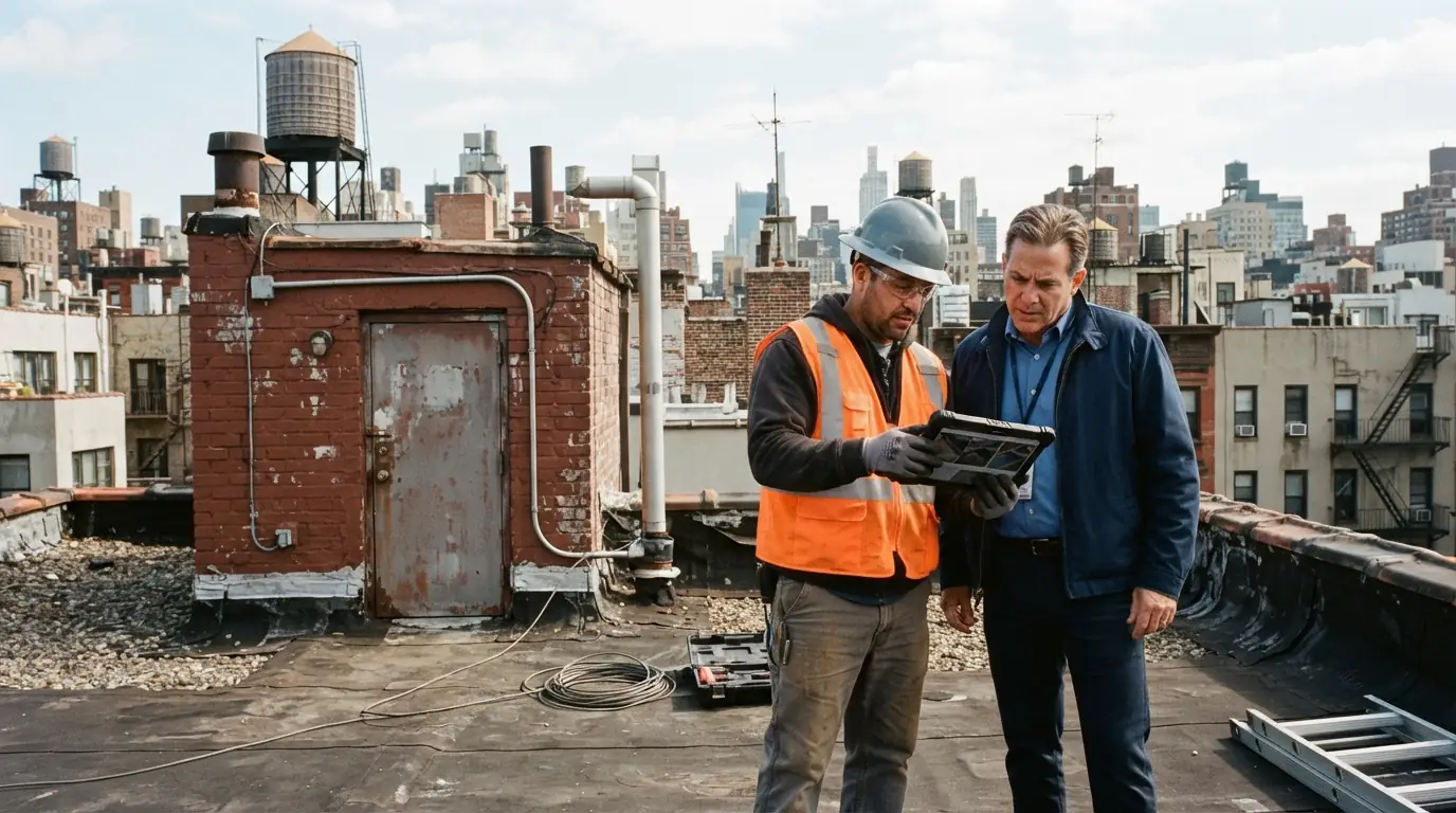 Reviewing roof photos beside a bulkhead