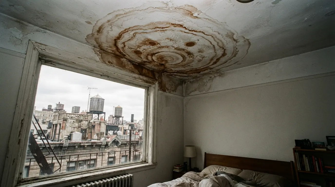Water stain rings on a plaster ceiling below a roof leak