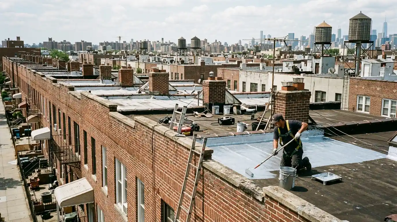 Attached Queens houses with flat roofs