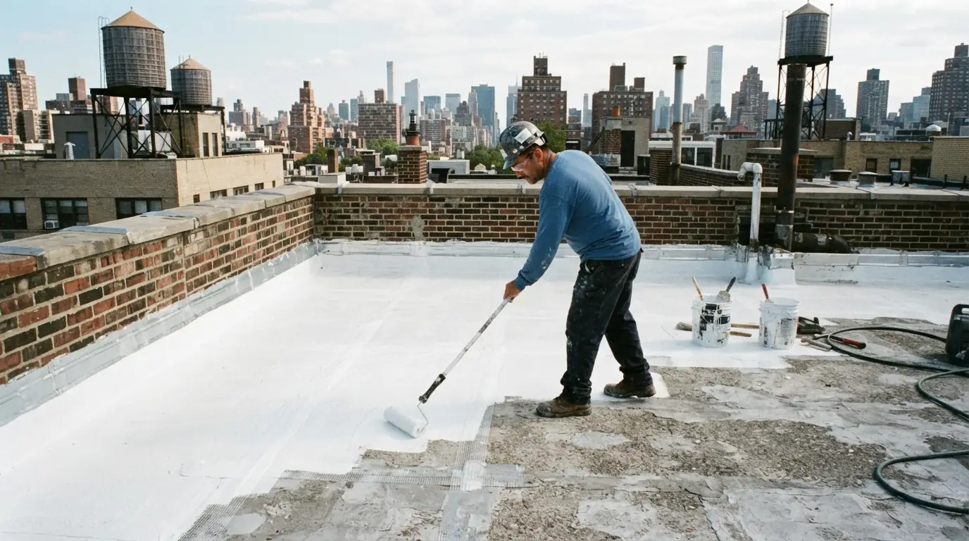 White coating rolled onto a weathered flat roof