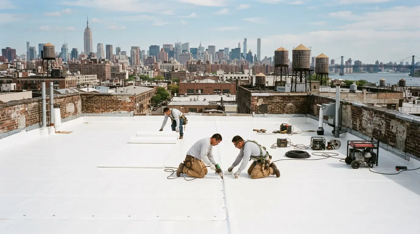 Crew installing TPO on a warehouse roof
