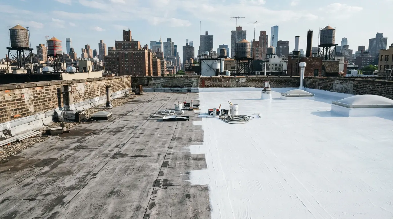 Flat roof half coated in white reflective coating