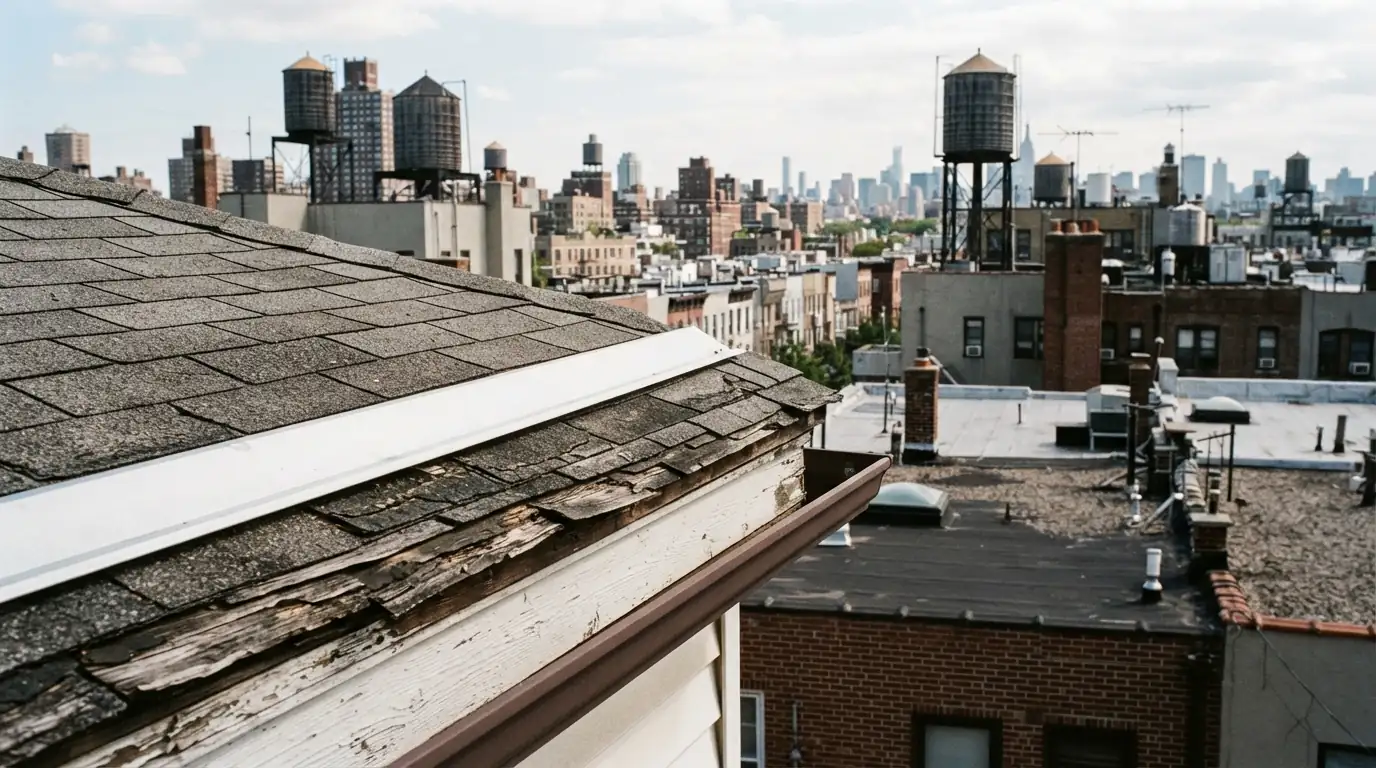 Two layers of shingles visible at the roof edge