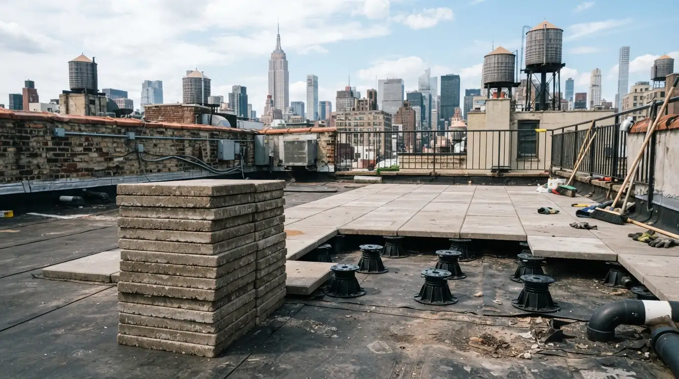 Terrace pavers lifted to expose the membrane and pedestals
