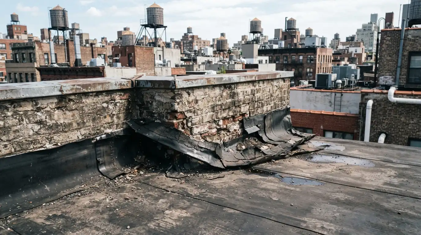 Base flashing peeling from a parapet