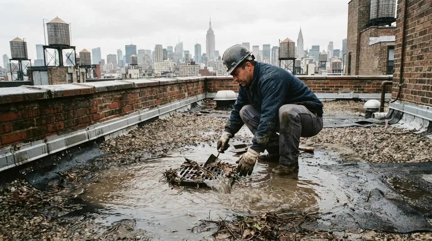 Roofer clearing a clogged flat roof drain after heavy rain