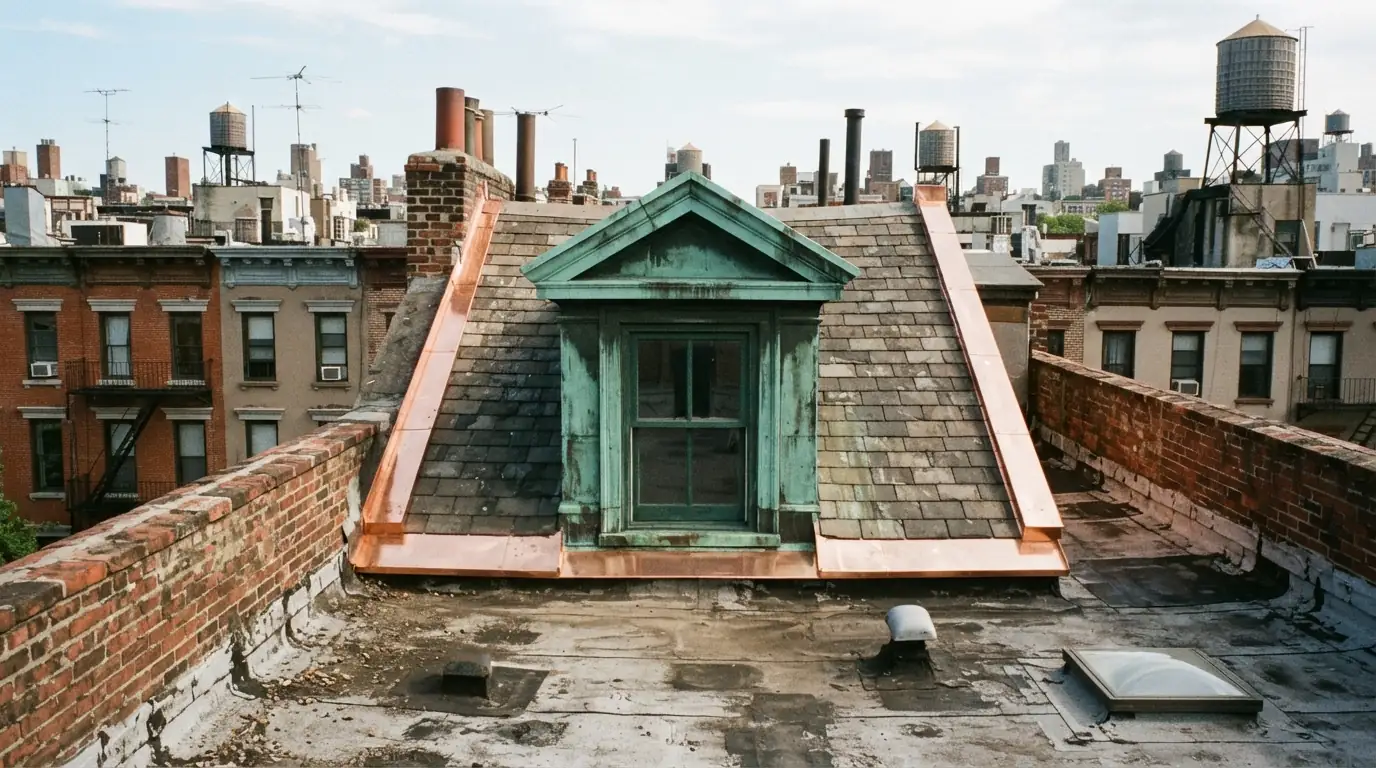 Copper dormer and flashing on a rowhouse roof