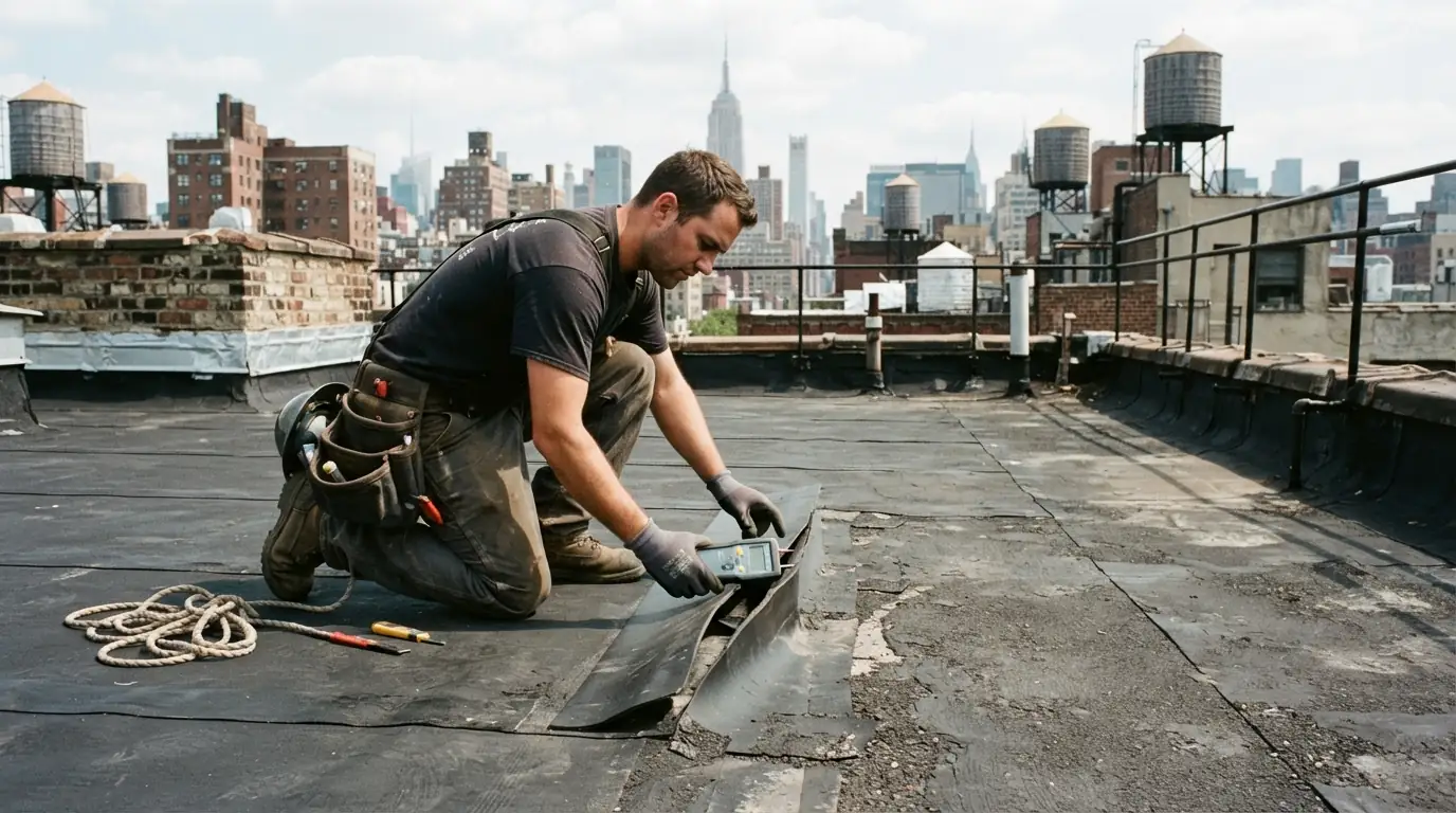 Roofer inspecting an open seam on a rubber flat roof