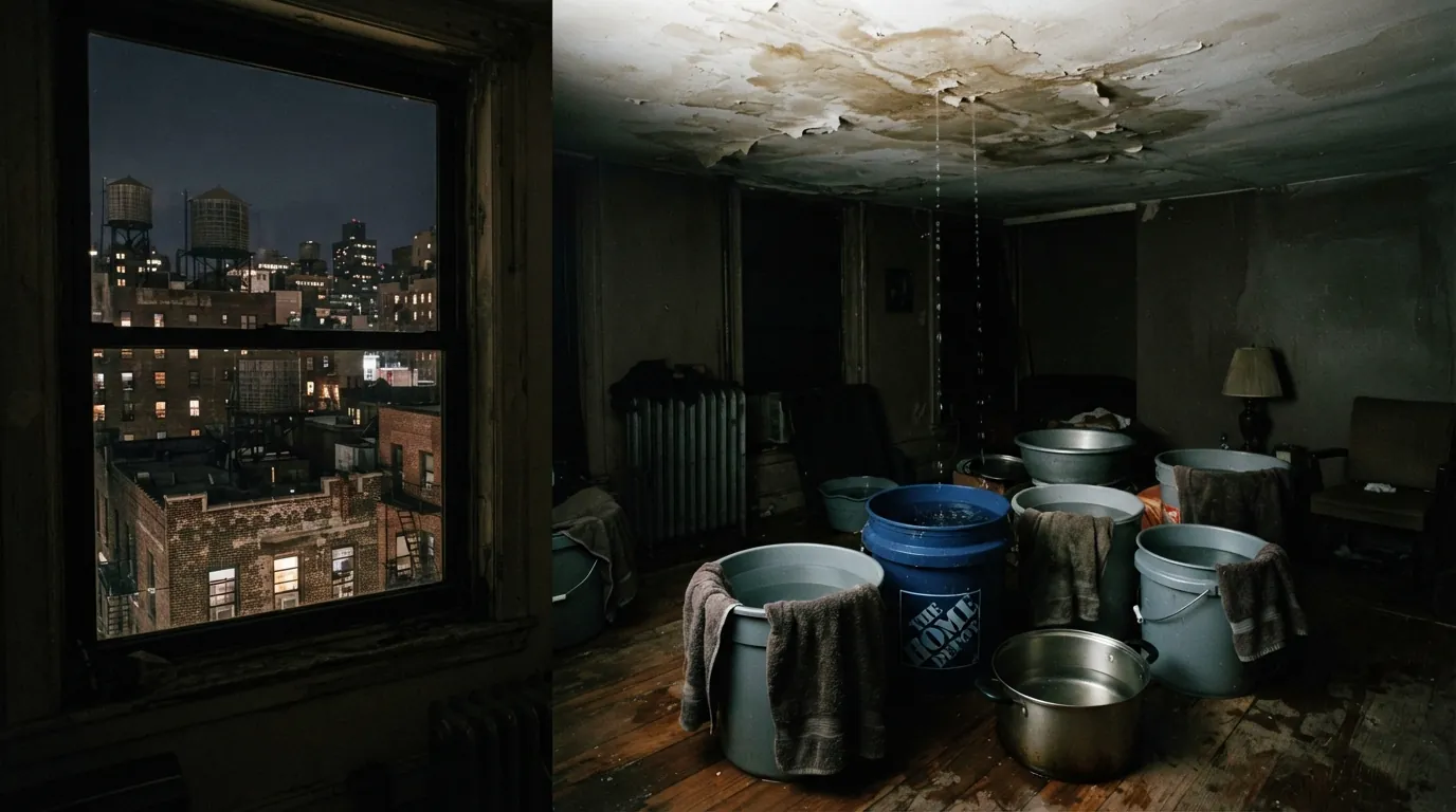Bucket catching a ceiling leak at night