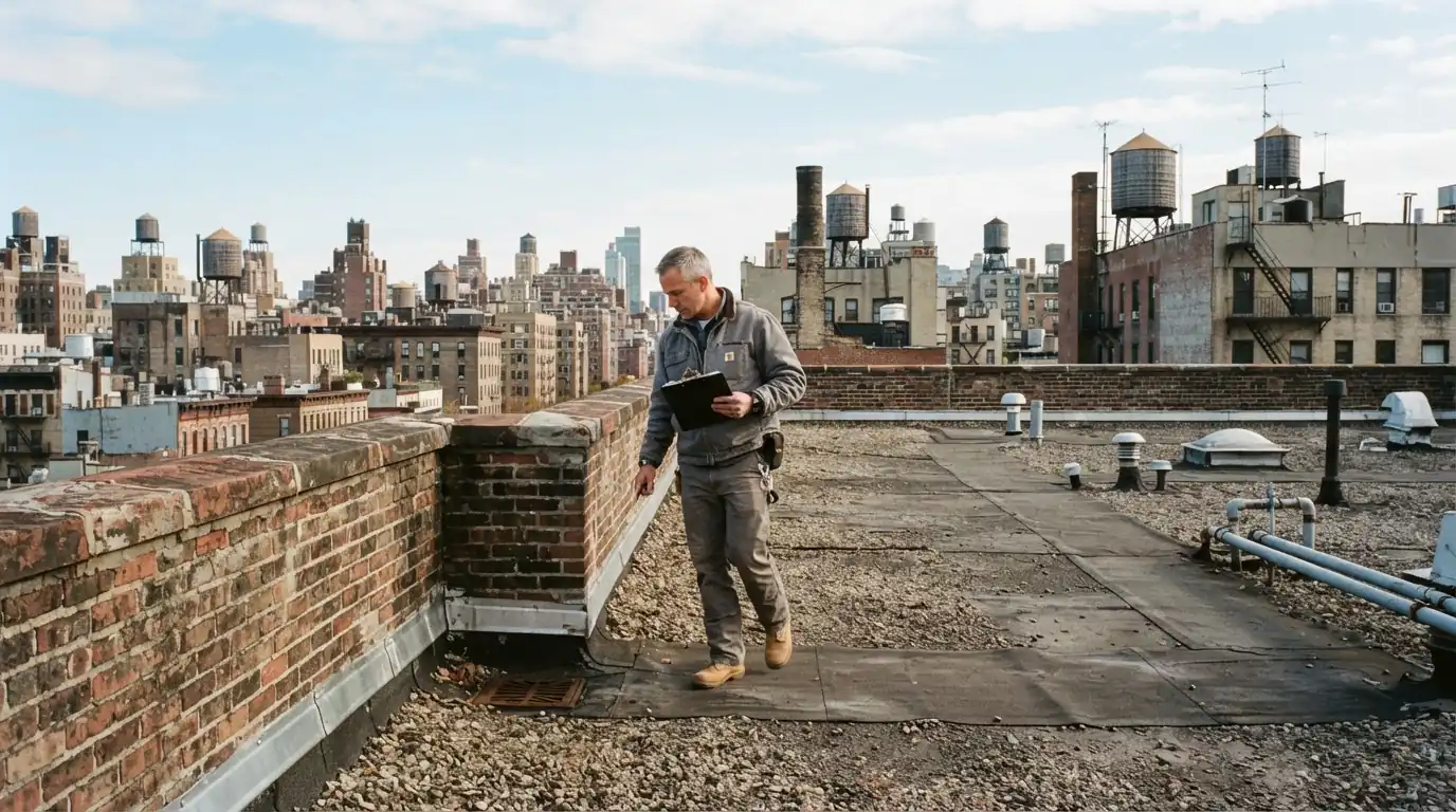 Inspector checking drains on a large flat roof