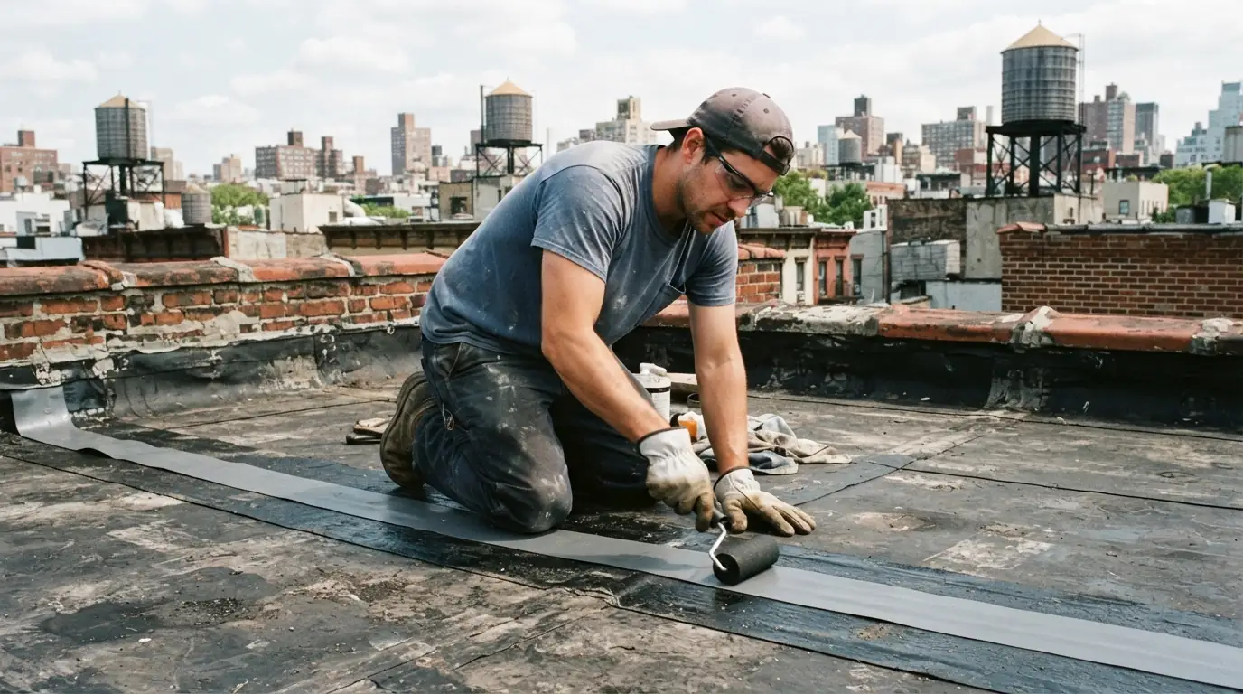 New seam tape being rolled onto an EPDM roof seam