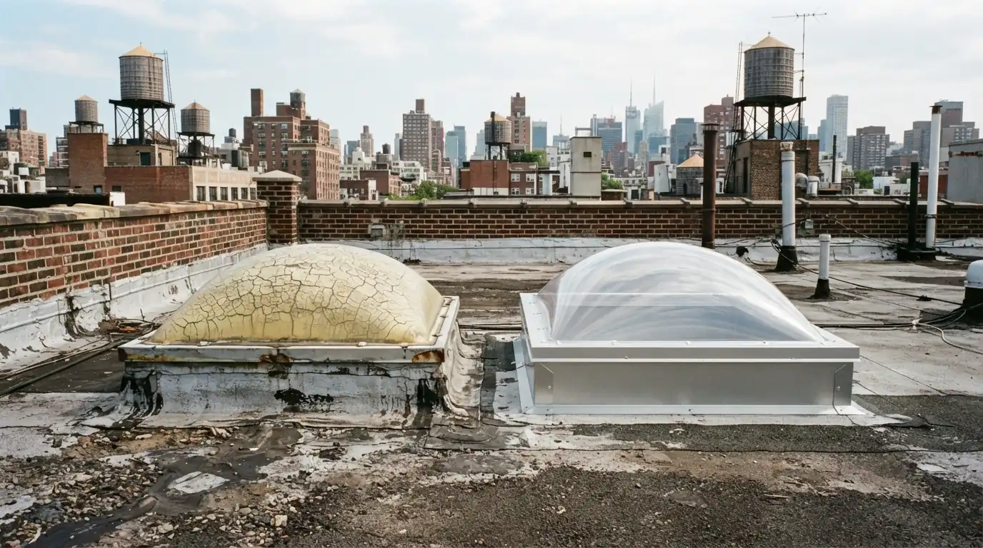 Old crazed skylight dome beside a new replacement