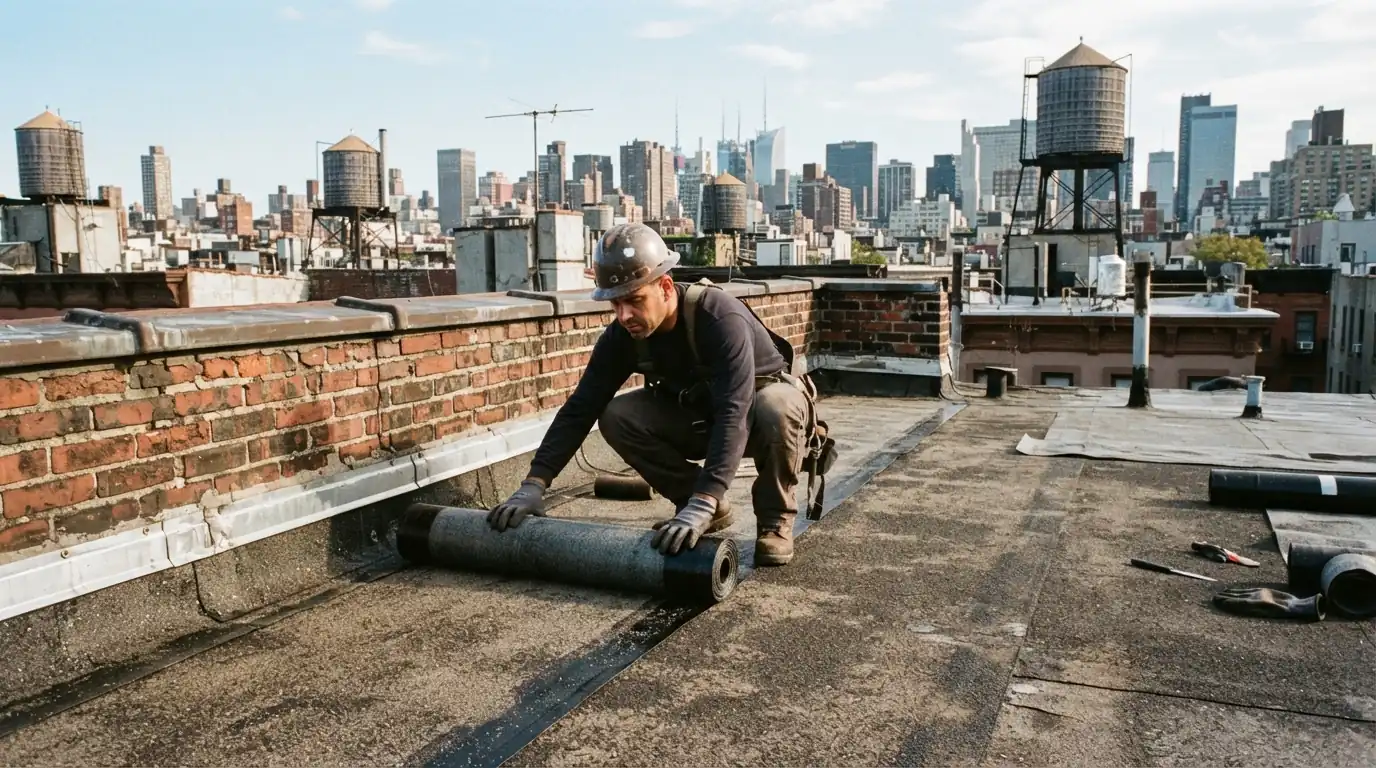 Self-adhered cap sheet rolled out on a flat roof