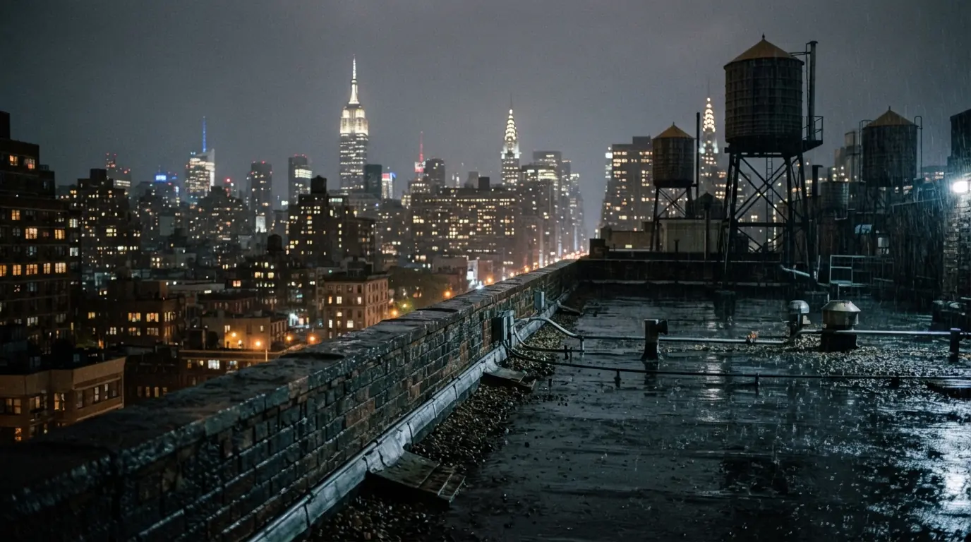Wet flat roof at night with a low parapet