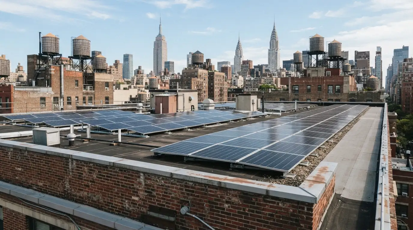 Solar panels on a city roof with access paths kept clear