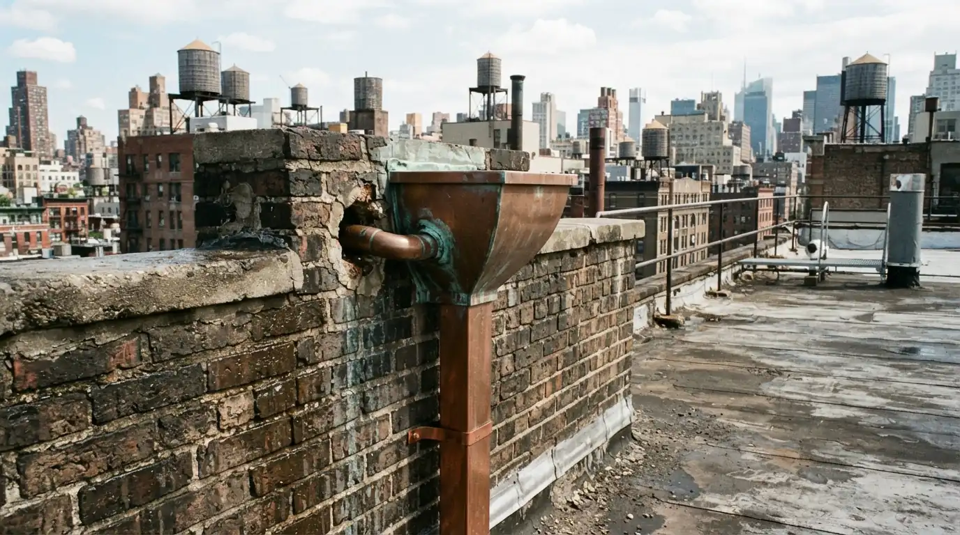 Through-wall scupper and conductor head on a parapet
