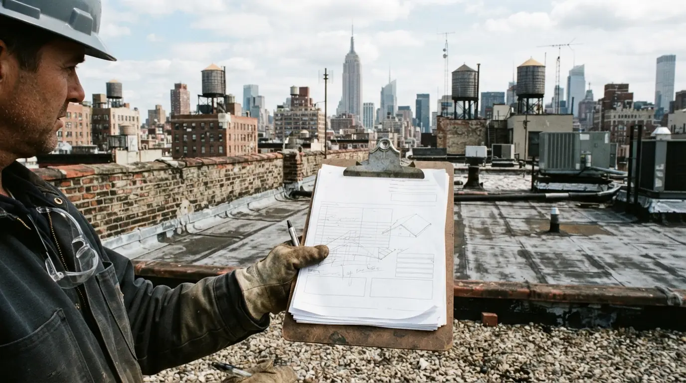 Comparing roofing quotes on a rooftop