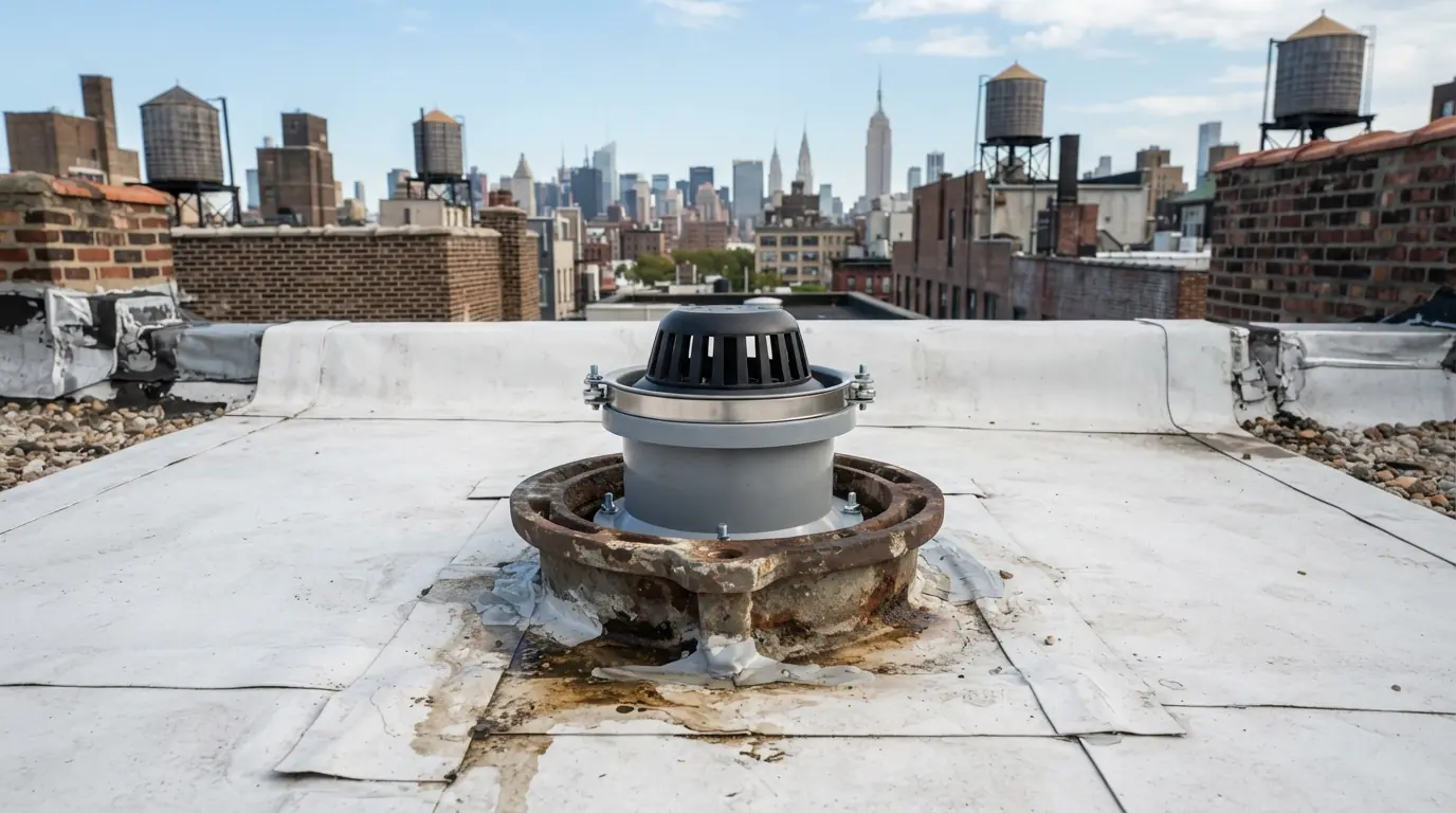 Retrofit drain insert on a white membrane roof