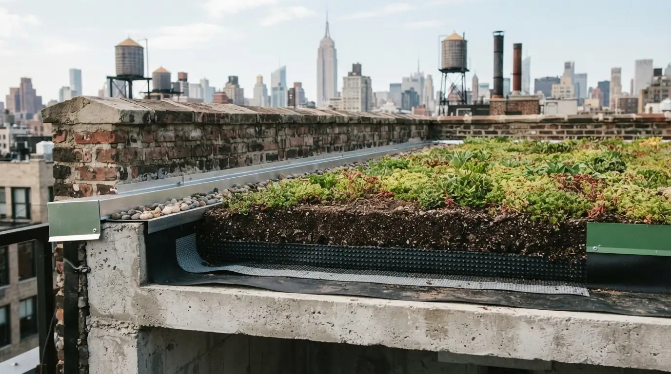 Green roof layers at a roof edge