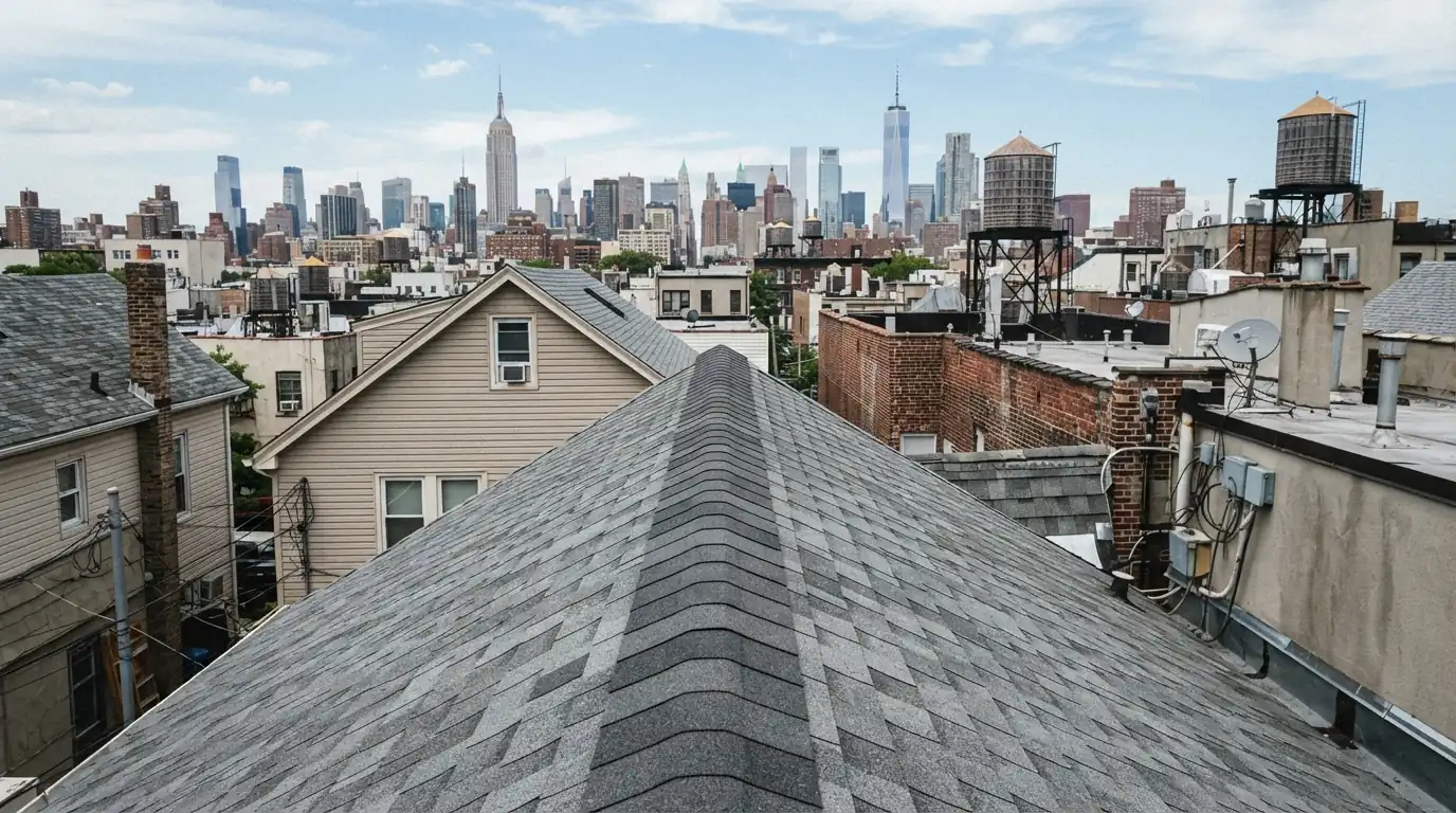 New ridge cap shingles along a roof peak