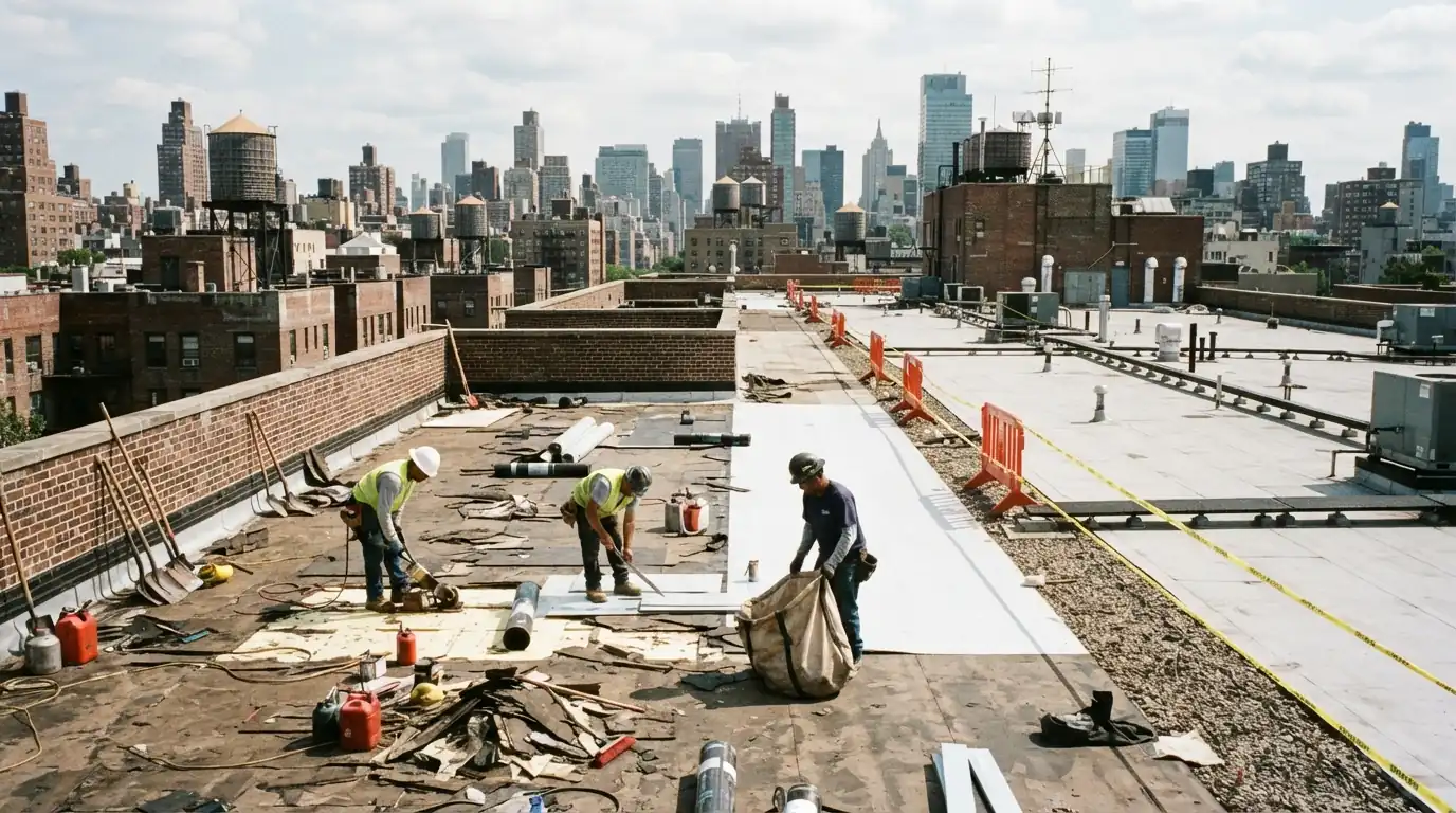 One section of a large roof being replaced