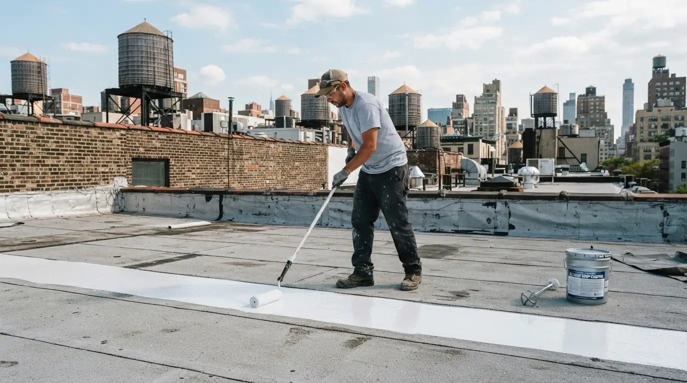 White silicone coating rolled onto a flat roof