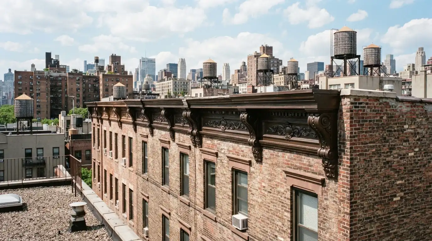Restored sheet metal cornice on walk-up buildings