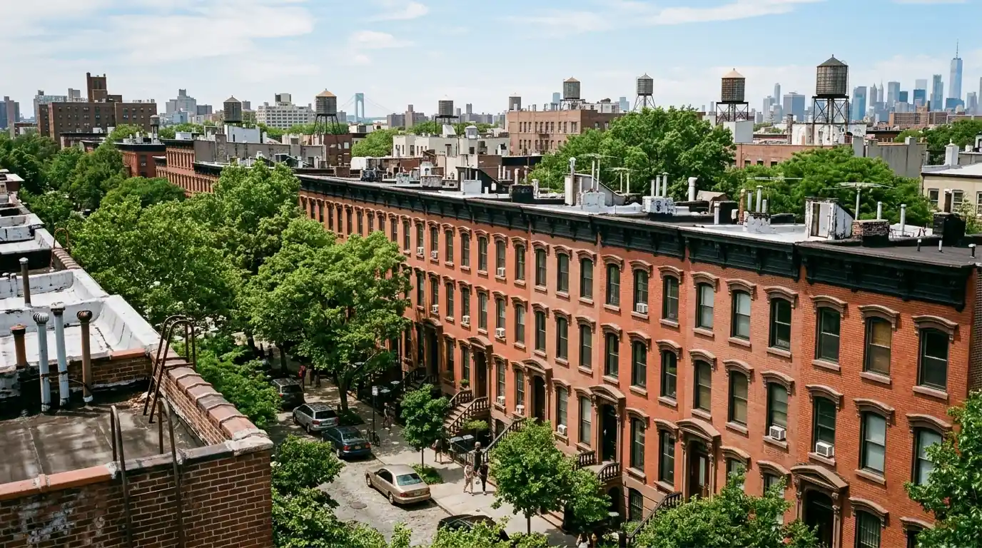 Brooklyn brownstone row with cornices and parapets