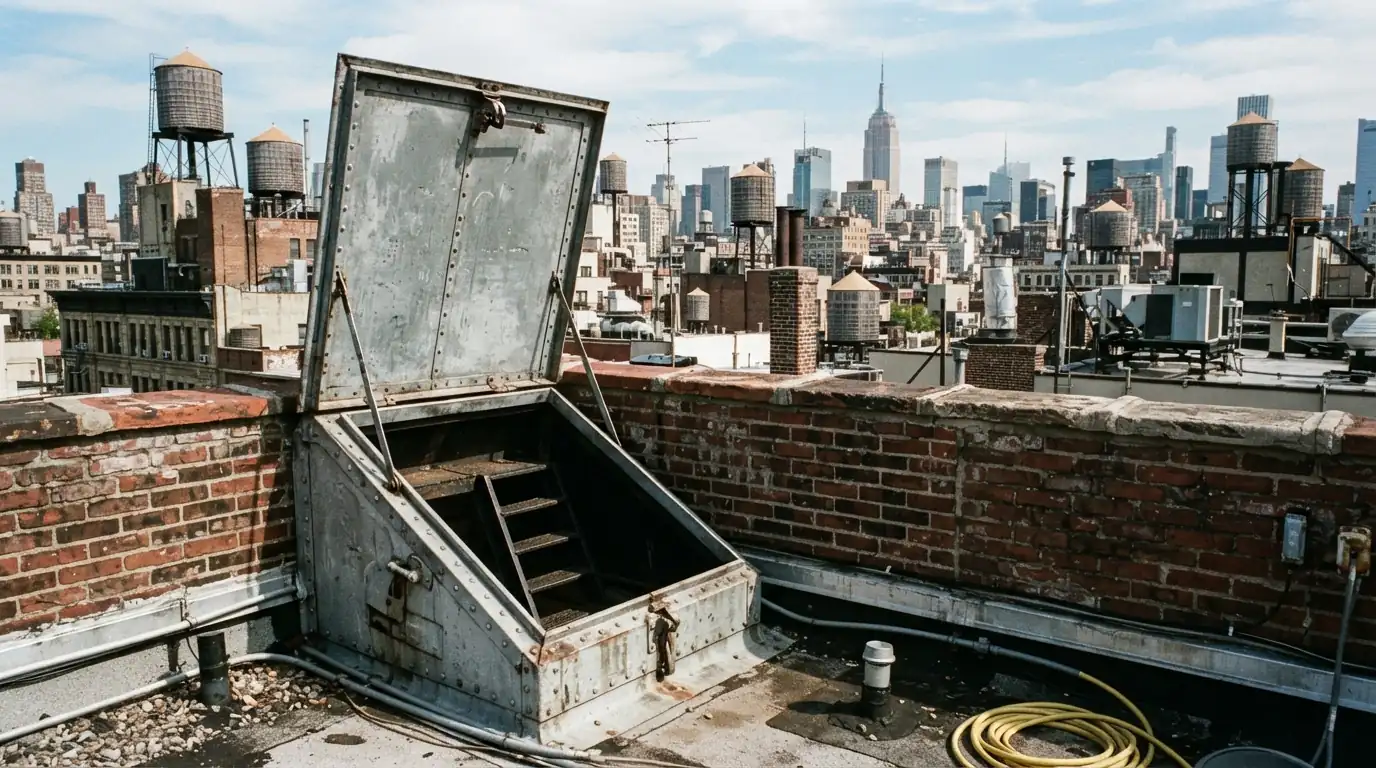 Roof hatch with the lid open on a flat roof
