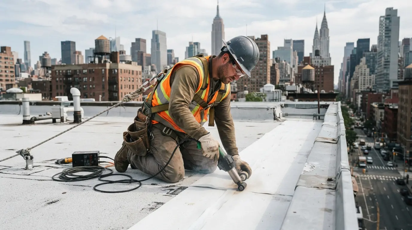 Roofer welding a flat roof membrane on a New York rooftop