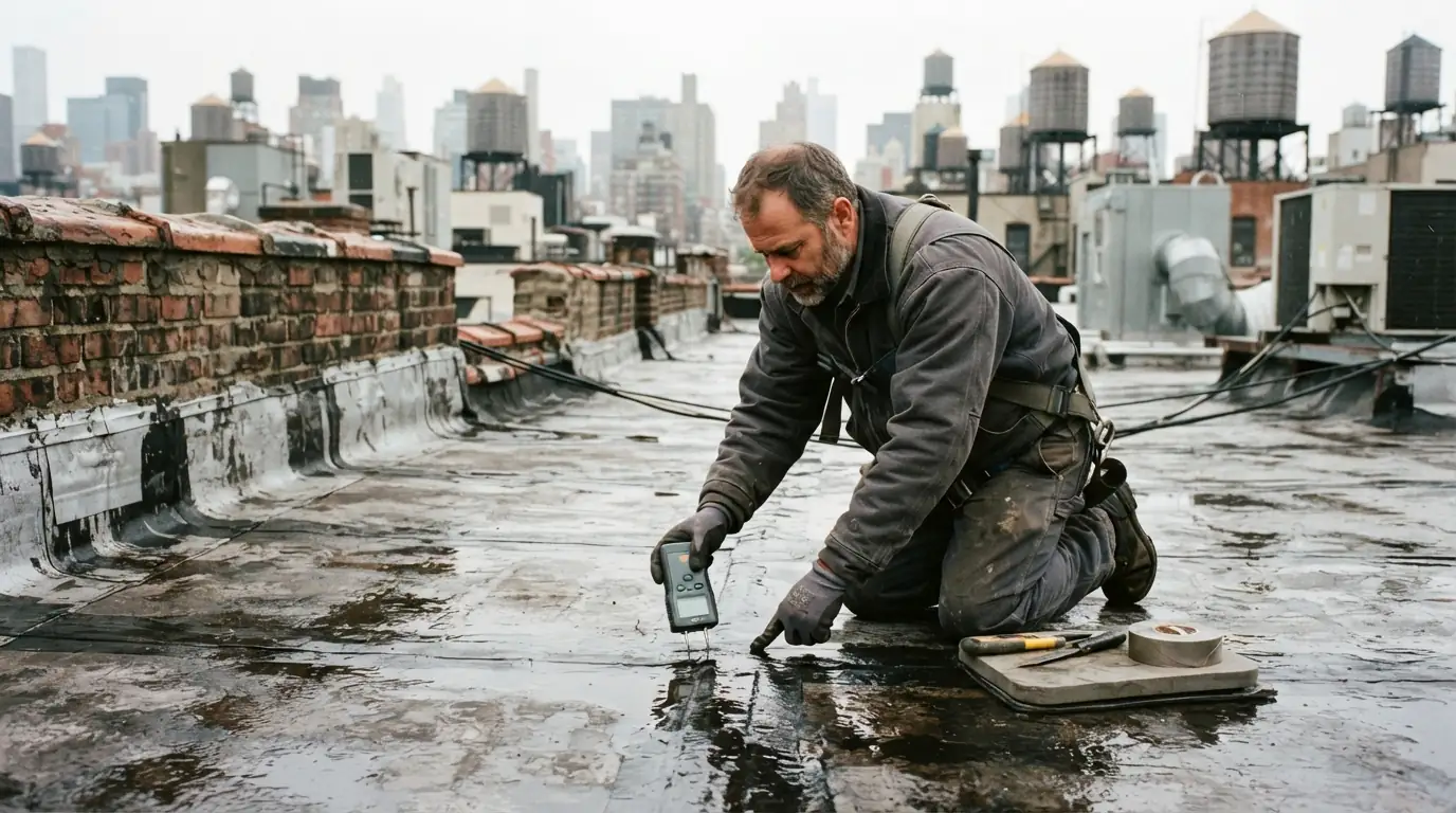 Roofer tracing a leak at a flat roof seam