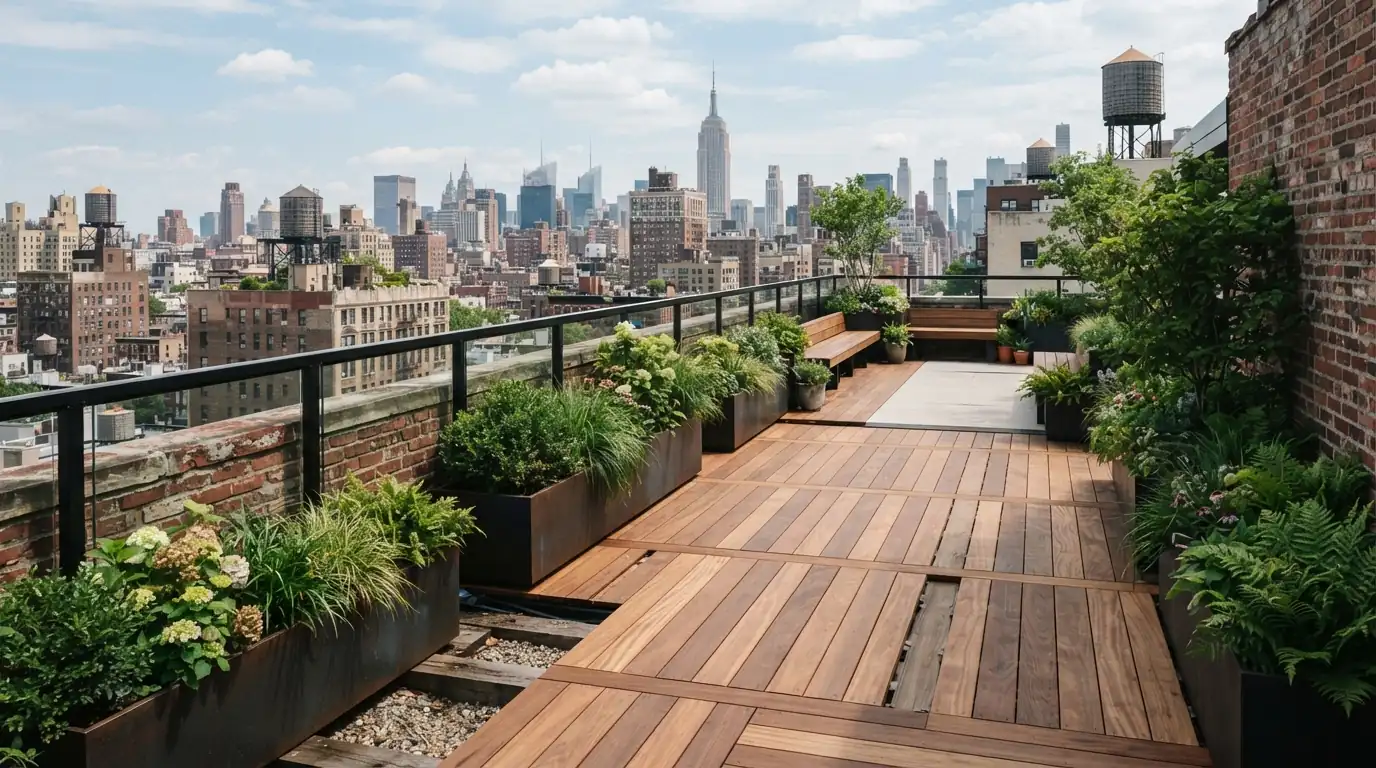 Rooftop terrace with wood deck sections and planters